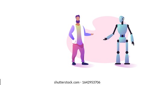 Mann mit Robotercharakter, der während der Begegnung mit dem Konzept der künstlichen Intelligenz Mensch gegenüber Roboter mit horizontaler Vektorillustration in voller Länge diskutiert