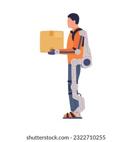 Man in Robotic Exoskeleton Costume Holding Parcel Box as Future Technology Device Vector Illustration