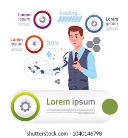 Man With Robotic Hand Over Template Infographics Background For Modern Robots Technology And Artificial Intelligence Concept Flat Vector Illustration