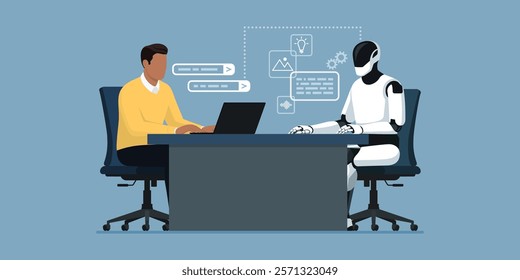 Man and robotic humanoid working together in the office, the man is typing prompts and the AI robot is generating a response