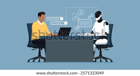 Man and robotic humanoid working together in the office, the man is typing prompts and the AI robot is generating a response