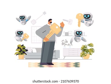 hombre con robots ayuda sosteniendo grandes llaves comprando o alquilando nueva casa de apartamento o auto venta alquiler inmobiliario