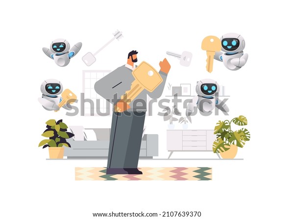 man with\
robots helpers holding big key buying or renting new apartment\
house or car vehicle sale real estate\
rent