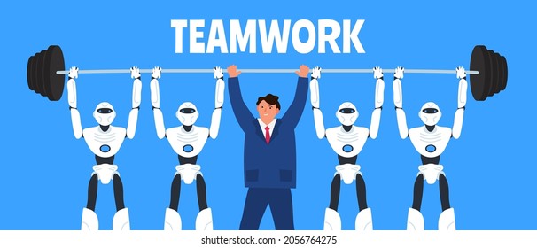 man and robots humanoid lifting a barbell together teamwork concept vector illustration