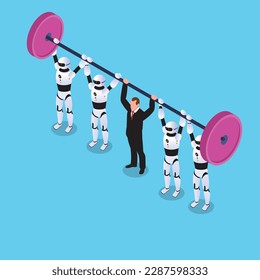 man and robots humanoid lifting a barbell together teamwork 3d isometric vector illustration concept for banner, website, landing page, ads, flyer template