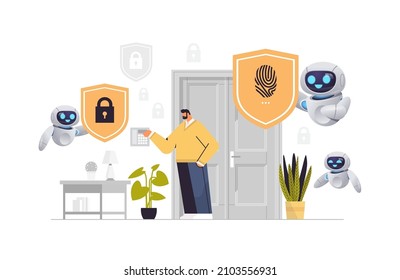 man and robots touching fingerprint scanner controlling smart home devices with biometric scanning security access control