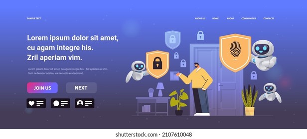 man and robots touching fingerprint scanner controlling smart home devices with biometric scanning security access control