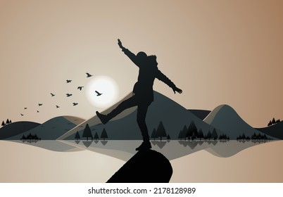 Ein Mann in einem Felsen am See. Abendlandschaft mit Vögeln, Bergen, Bäumen und Sonne.