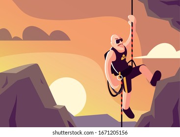 man rock climbing the mountain vector illustration design