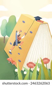 Man rock climbing in the shape of a book