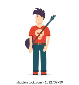 Man with rock guitar and skull on clothing isolated on white background. Rock star with funny hair. Cartoon character guitarist. Vector illustration can be used for rock concert design and flyers .