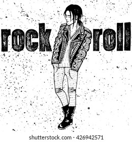 Man rock n roll style, grunge woodcut