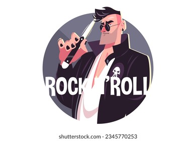 Man and rock and roll vector illustration. Cool person in stylish costume in glasses with knife flat style. Fashion and rock and roll concept. Isolated on white background