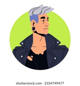 Man, rock star, face avatar. Cool modern mature person in leather jacket, earring, stylish hairstyle. Rocker, male character, head portrait. Flat vector illustration isolated on white background