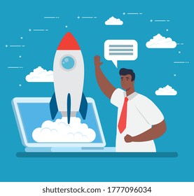 man with rocket in laptop design, Start up plan idea strategy and marketing theme Vector illustration