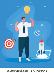 Mann mit Rakete auf Laptop-Design, Start-up Plan Idee Strategie und Marketing-Thema Vektorgrafik