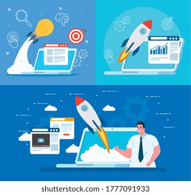 man with rocket in laptop and icon set design, Start up plan idea strategy and marketing theme Vector illustration