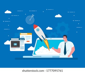 hombre con cohete en diseño de equipo portátil e icono, estrategia de idea de plan de inicio y tema de marketing Ilustración vectorial