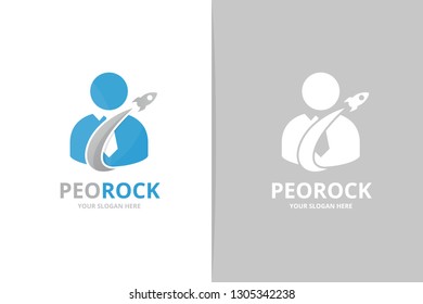 Man and rocket logo combination. Unique human and flight logotype design template.