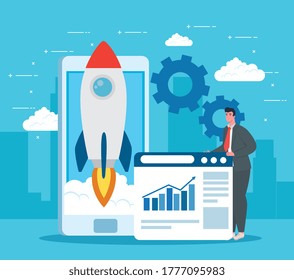 hombre con el diseño de smartphones y sitios web de cohete, estrategia de ideas de planes de inicio y tema de marketing Ilustración de vectores