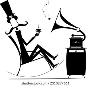 Man in the rocking chair, coffee, retro record player.
Long mustache man in the top hat rests in the rocking chair with a cup of coffee and retro record player. Black and white illustration
