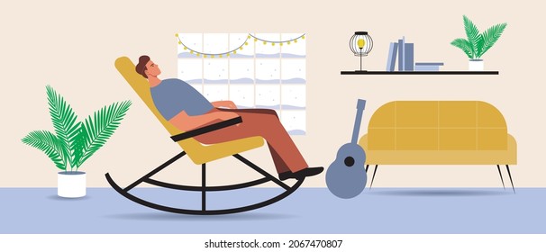 Man in rocking chair, hygge room. Flat vector stock illustration. Winter interior with a guitar. Home comfort and snow outside the window. Relaxation of the person. Vector graphics