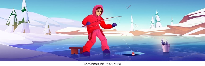 Man with rod on ice fishing. Concept of winter hobby and recreation. Vector cartoon illustration of mountain landscape with frozen lake or river, white snow and fisherman