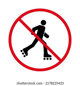 Man in Roll Red Stop Circle Symbol. No Allowed Skating Sign. Ban Entry in Roller Skate Black Silhouette Icon. Caution Forbidden Rollerskate Pictogram. Roller Prohibited. Isolated Vector Illustration.