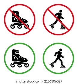Man in Roller Skate Prohibited Pictogram. Caution Allowed on Rollerskate Green Symbol. No Rollerblading Sign. Permit Entry with Eco Transport Black Silhouette Icon Set. Isolated Vector Illustration.
