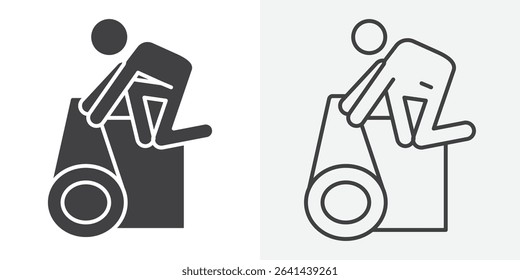 Man rolling carpet mat icon Line graphics illustration