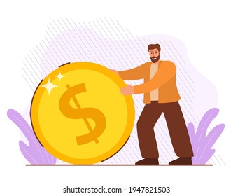 Man rolling coin. Guy pushing golden dollar. Investment concept.Invests in business.Cash dividends.Financial earning revenue.Stock investing.
