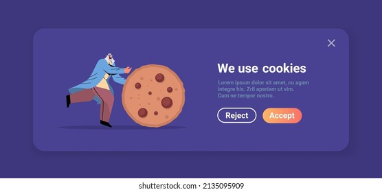 man rolling cookie protection of personal information internet web pop up we use cookies policy notification concept