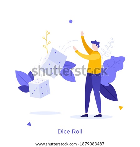Man rolling dice or playing craps. Concept of gambling, risk and chance, probability and possibility, tabletop or casino game, leisure activity. Modern flat vector illustration for banner, poster.