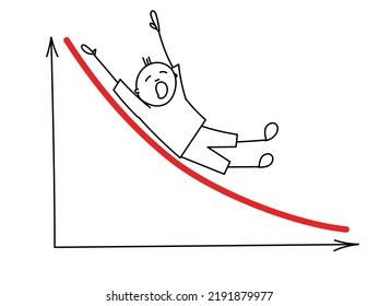 A man is rolling down the downward schedule. Conceptual vector illustration of business problems and decline in indicators. Crisis.	
