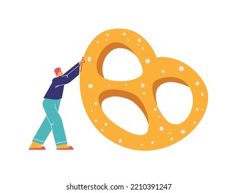 Man rolling a giant crisp pretzel for healthy snack, flat cartoon vector illustration isolated on white background. Healthy snack with bakery multigrain product.