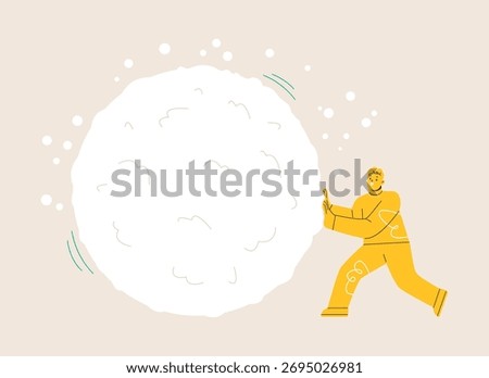 Man rolling large snowball build. Colorful vector illustration
