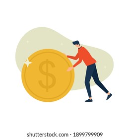 Man rolling a money coin, saving and investing money