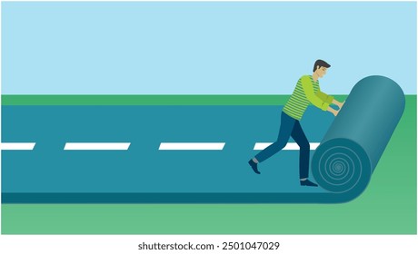 Man rolling out road, strategy and plan. Dimension 16:9. Vector illustration.
