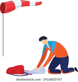 Man rolling out sleeping bag near windsock at campsite. Camper preparing for rest. Outdoor adventure and camping essentials vector illustration.