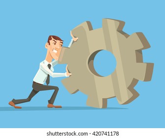 Man rolls gear. Vector flat cartoon illustration