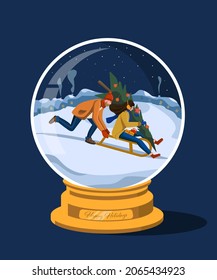 A man rolls a girl with a Christmas tree and gifts on a sleigh against the backdrop of houses. Glass snow globe. Vector illustration.