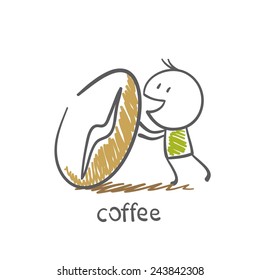 man rolls a large grain of coffee illustration