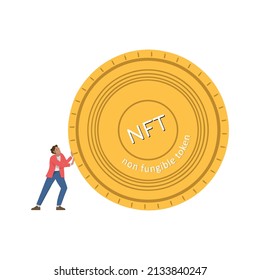 Man rolls NFT coin with difficulty non-fungible token, advance or fall