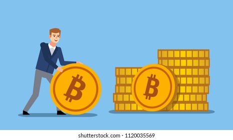 Man rolls and pushes bitcoin to the big pile of coins. Collecting, saving electronic currency. Flat design vector illustration