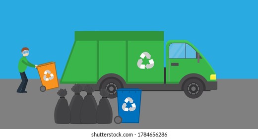 man rolls trash can
 with a logo for a garbage truck on a gray-blue background. Ecology concept. Vector flat illustration