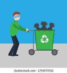 a man rolls a trash can
 with a logo on a blue-gray background. Ecological concept. Vector flat illustrations