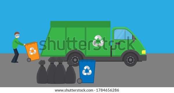 man\
rolls trash can\
 with a logo for a garbage truck on a gray-blue\
background. Ecology concept. Vector flat\
illustration