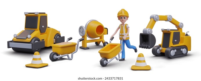 Man rolls wheelbarrow across construction site. Vector scene in realistic style