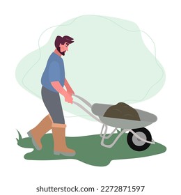 Man rolls a wheelbarrow with soil. Male working in garden. Illustartion in flat cartoon style