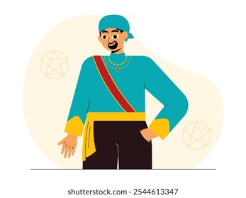 Man in Roma cultural clothing style, green shirt and turban, golden yellow belt, necklace with red pendant, gypsy vector illustration.